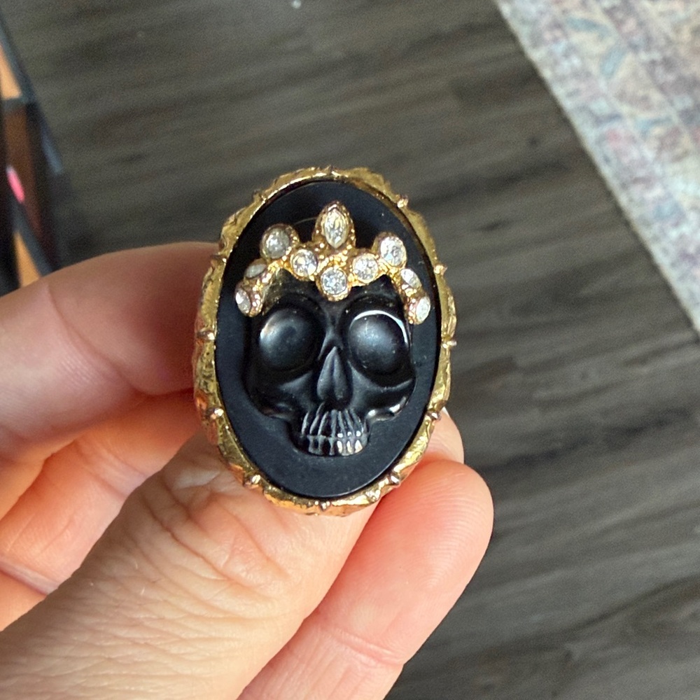 Alexis Bittar Black Agate and Gold Skull Ring with Crystal Accents